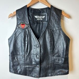 Biker's Club Black Leather Motorcycle Vest with Butterfly and Heart Patches
